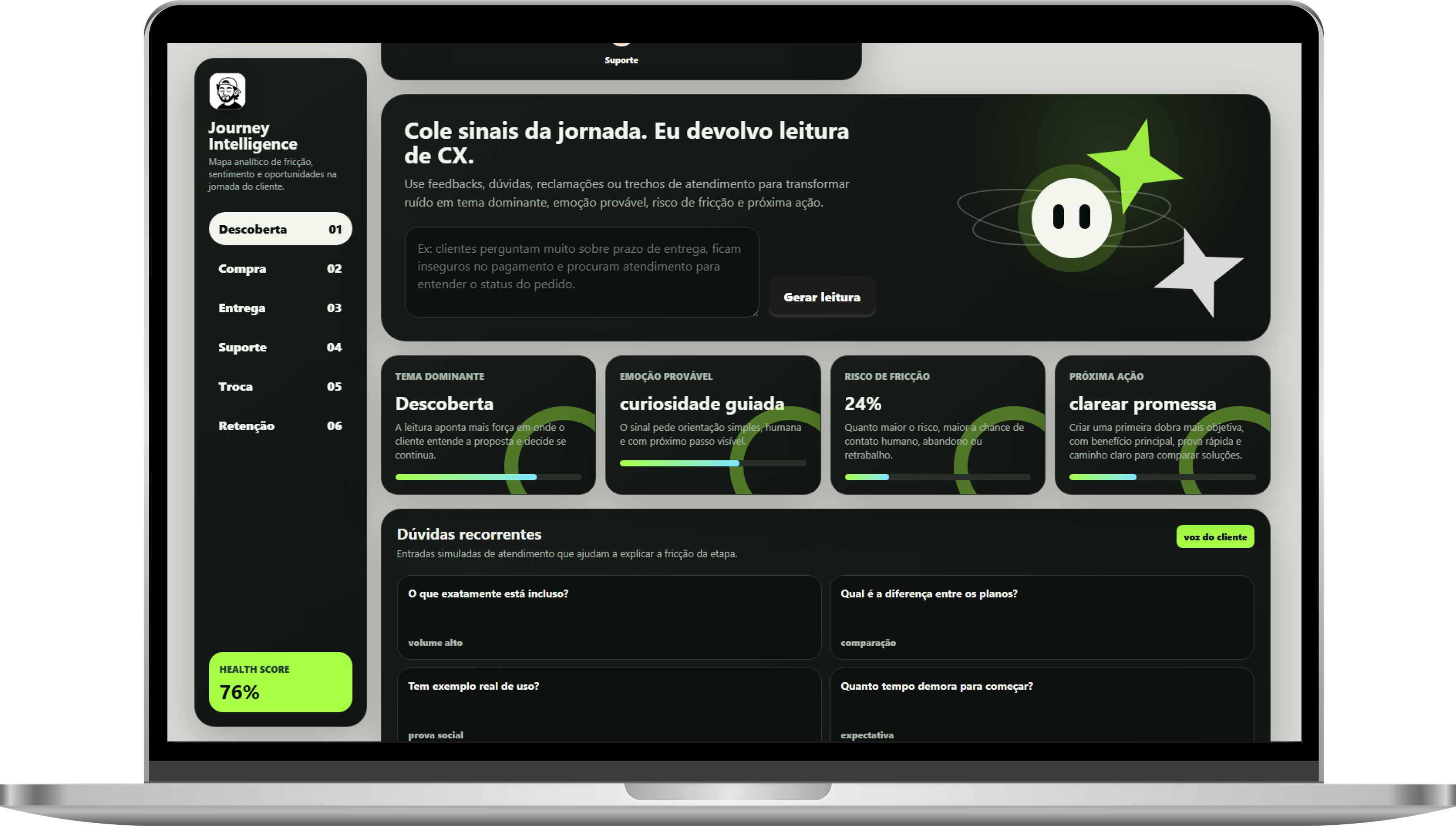 Notebook exibindo em detalhes o painel CX Journey Intelligence