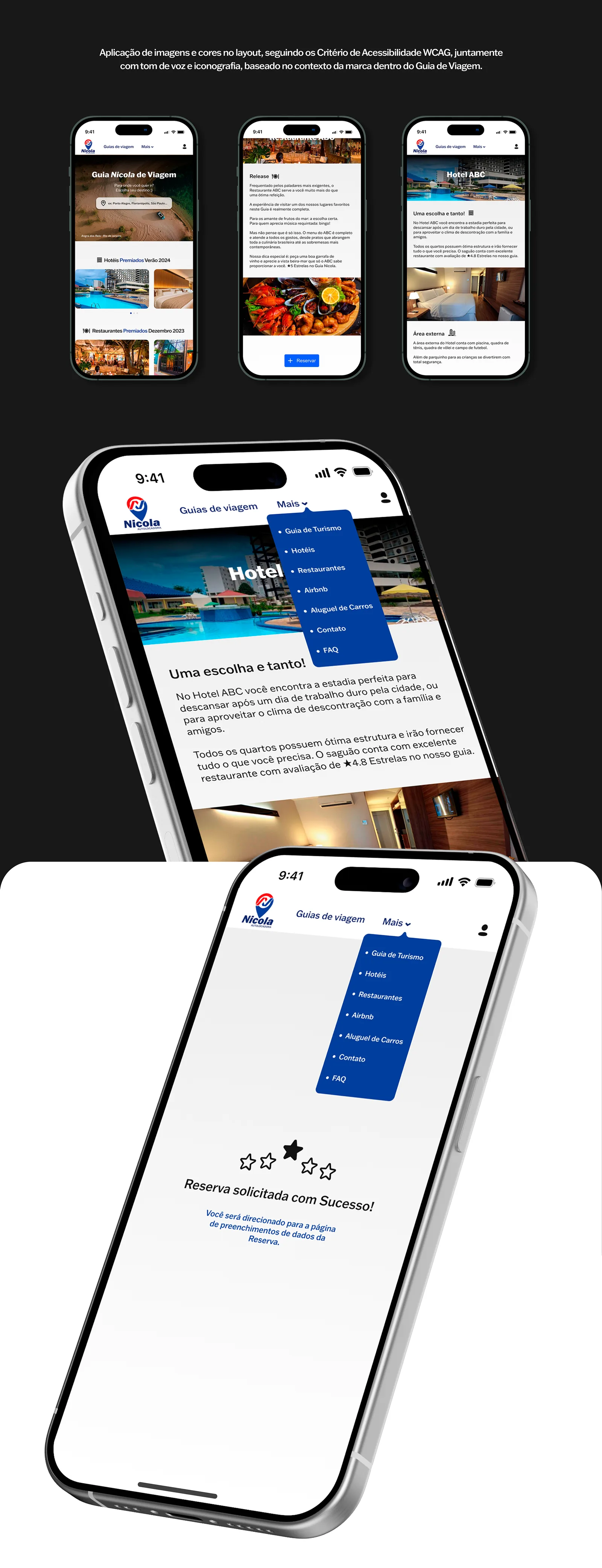 Telas finais do Guia de Viagem Nicola com menu, hotel, restaurante e reserva